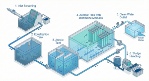 Membrane Bioreactor (MBR) technology flow diagram for space-saving WWTP design in Rungkut, Surabaya.