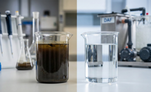 Visual comparison of heavy industrial wastewater before and after the physico-chemical treatment process.