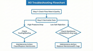 Reverse osmosis system troubleshooting and fouling diagnosis flow diagram.
