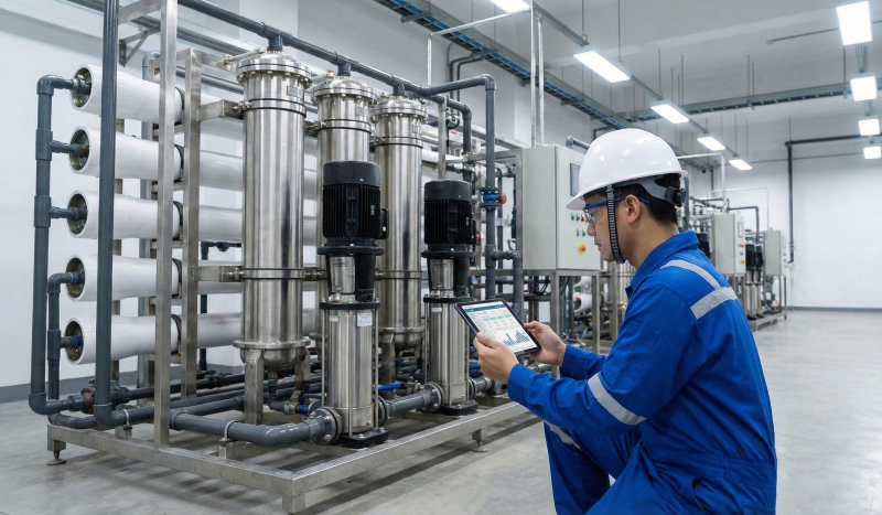 A technician performing Cikarang WTP maintenance services checking a factory's RO system.