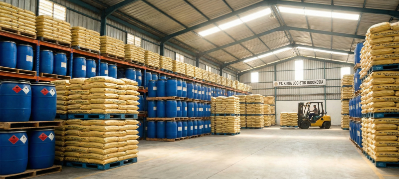 Semarang water treatment chemical supplier warehouse with a complete stock of PAC and resin.