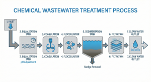 Coagulation and flocculation process flow diagram for industrial chemical wastewater treatment.