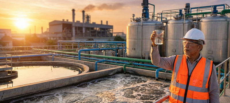 Tangerang WWTP contractor conducting a chemical industry wastewater quality inspection in Cikupa.