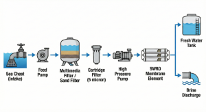 Flow diagram of SWRO desalination clean water installation for shipyards.