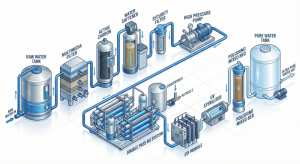 Flowchart of the Bekasi industrial water purification system using RO and EDI technology.