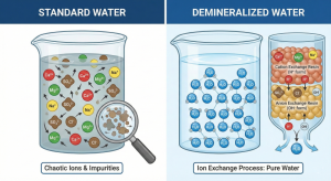 Illustration of the difference between regular raw water and demineralized water for industry.