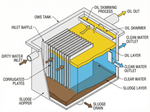 Schematic diagram of the CPI Oil Water Separator for automotive industry oil waste separation.