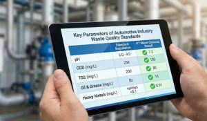 Comparison table of wastewater lab test results meeting KLHK and KIIC quality standards.