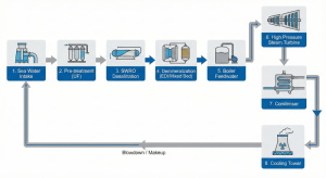 Power plant water cycle diagram from desalination to steam boiler.