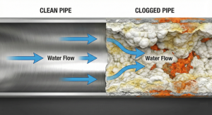 Comparison of clean pipe vs scaled and corroded pipe due to poor water treatment.