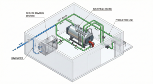 Schematic of the working mechanism of a water softener system for the textile industry to remove lime.