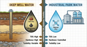 Comparison table of deep well raw water quality vs. Kendal industrial park municipal water (PDAM).