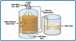 Schematic of the working mechanism of a water softener system for the textile industry to remove lime.