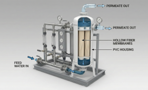 3D cutaway illustration of an industrial Ultrafiltration (UF) membrane module for filtering turbid water in mining areas.
