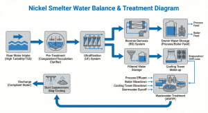 Water balance and water treatment flow diagram for the nickel smelter industry from river intake to process and cooling water.