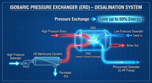 Diagram of how the Energy Recovery Device works in an energy-efficient SWRO machine.