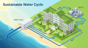 Illustration of the clean water management and desalination cycle in an eco-friendly hotel.
