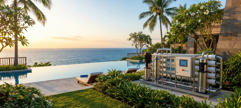 Bali SWRO contractor installing a desalination machine at a luxury resort in Nusa Dua.