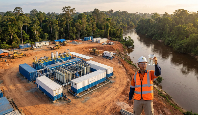 Containerized Water Treatment Plant (WTP) system at the Kalimantan IKN project site treats brown river water into clear water.