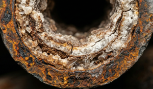 Cross-section of a boiler tube clogged by silica scale and corrosion due to poor water quality.
