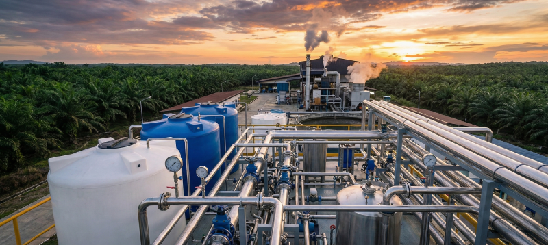 Sumatra palm oil mill water treatment system with a palm plantation background.