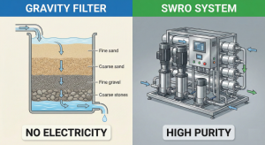 Comparison of gravity water filter technology vs. desalination RO machines.