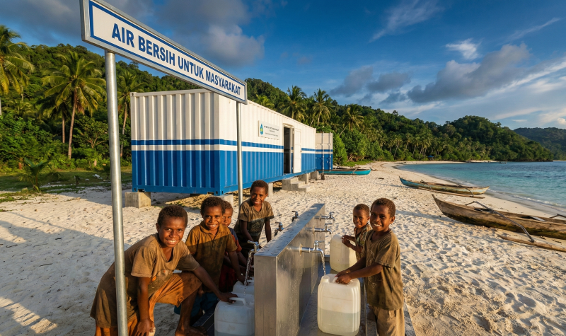 Papua clean water solution: containerized desalination system on a remote island.