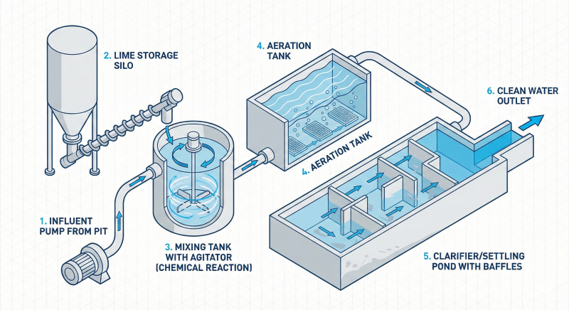 South Kalimantan acid mine drainage treatment service facility with settling pond system and lime silo.