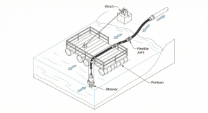 Fast-flowing river water intake pump scheme using a floating pontoon system for mining.