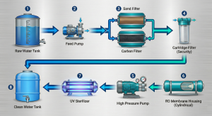 Process flow diagram of converting brackish water into fresh water using RO technology.