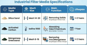 Technical specification table for silica sand and activated carbon water filter media.