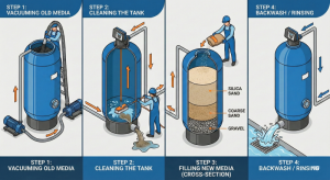 Illustration of industrial filter media replacement service procedure and media layering structure.