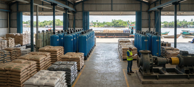 Banjarmasin water treatment contractor distributor warehouse stocking silica sand and filter tanks.