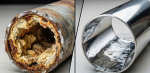 Comparison of boiler pipes scaled by hard water vs. clean pipes using RO water.