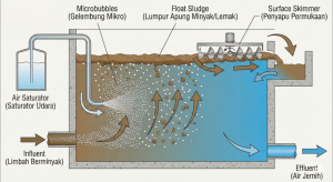Working principle diagram of the Dissolved Air Flotation (DAF) system for separating oil and grease from industrial wastewater.