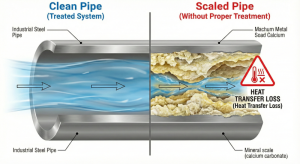 Visual impact of scaling on cooling pipes due to poor make-up water quality, restricting flow and hindering heat transfer efficiency.
