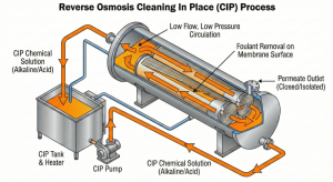 Technical illustration of the Chemical Cleaning (CIP) process showing chemical circulation in industrial RO membranes to address fouling.