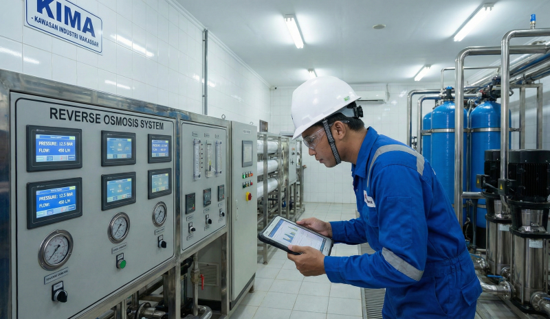 PT Mizui Osmosa technicians performing WTP maintenance services at a KIMA industrial estate factory in Makassar, inspecting the RO system control panel.