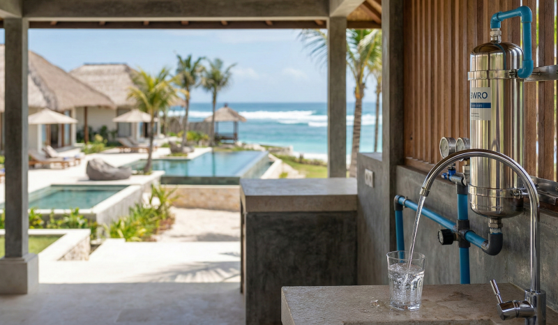 Brackish water RO installation at a luxury resort in the Mandalika Lombok area, producing clean water.