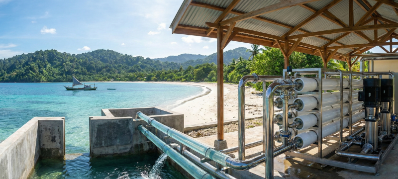 A modern SWRO Seawater Desalination System operating on a tropical island in Maluku, near the coast of Ambon.