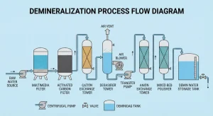 Flowchart diagram of the complete water demineralization system process starting from Raw Water, Cation Tower, Degasifier, Anion Tower, to Mixed Bed Polisher to achieve low conductivity