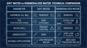 Technical comparison table between Soft Water and Demineralized Water based on TDS, Conductivity, and Silica parameters for high-pressure boiler safety